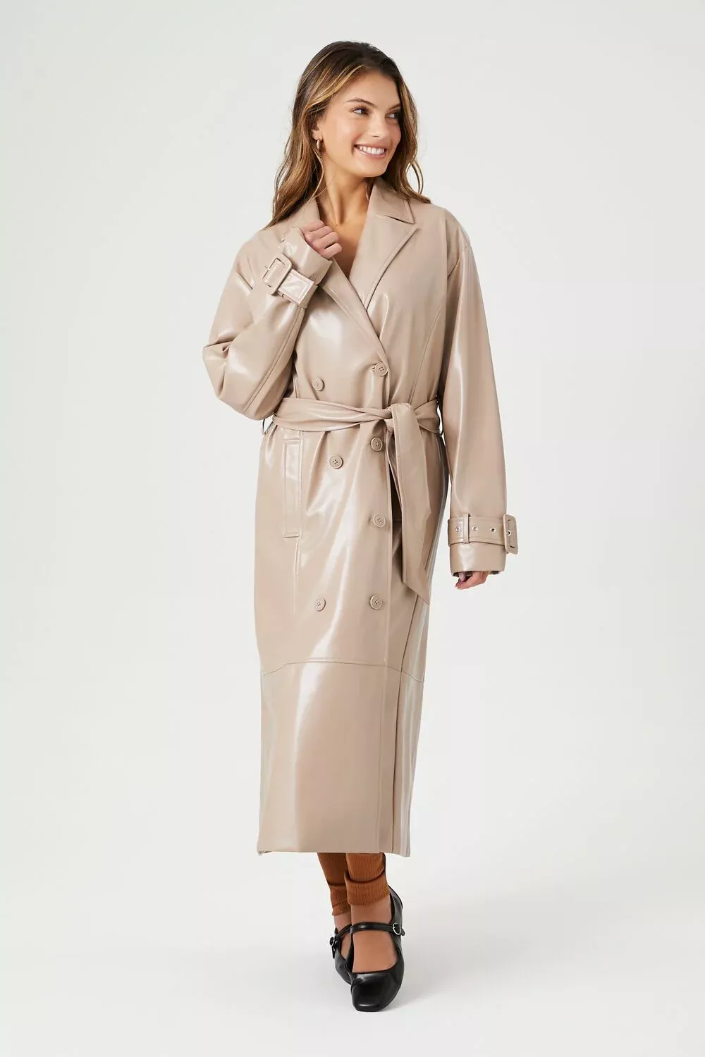 Faux Leather Double-Breasted Trench Coat