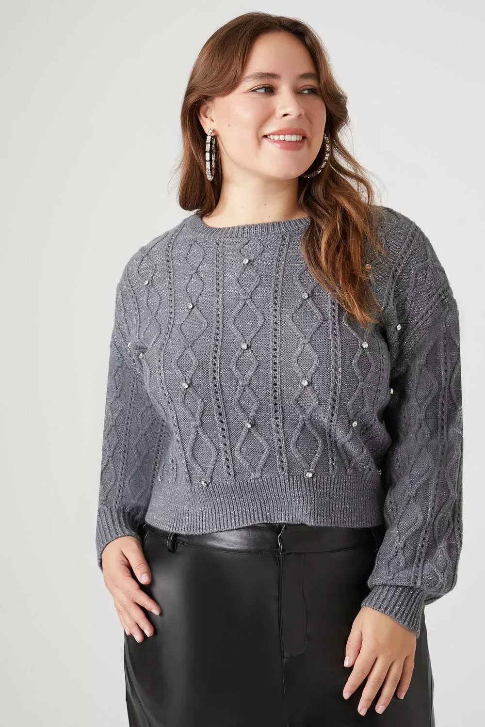 Plus Size Rhinestone Cable Knit Sweater